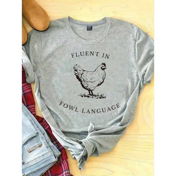 INAWLY Rooster & Letter Printed Short Sleeve Round Neck T-Shirt Graphic Tees - Picture 1 of 1